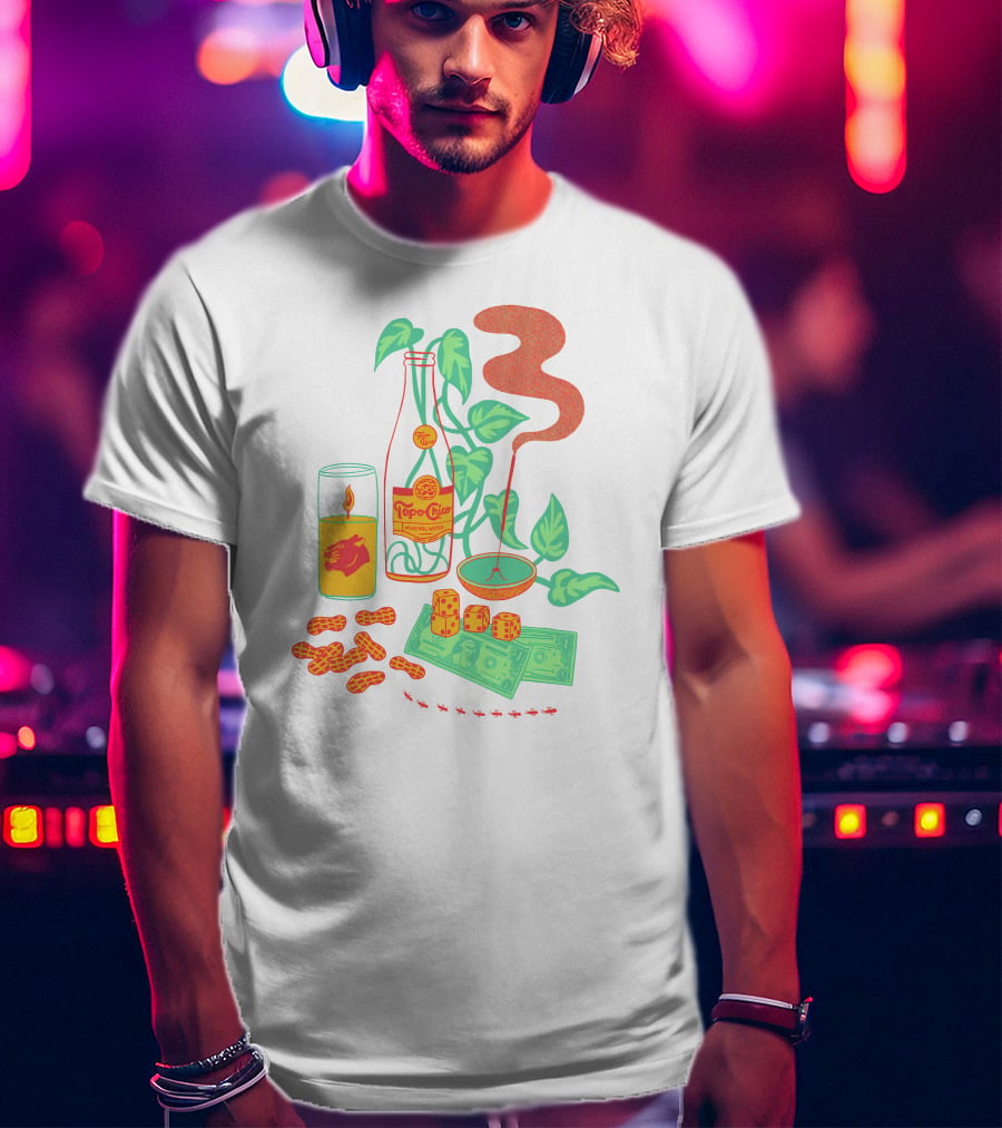 Quarenscene Natural Simone Thornton Topo Chico Peanuts Candle Dice Leaves Money Ants T-Shirt