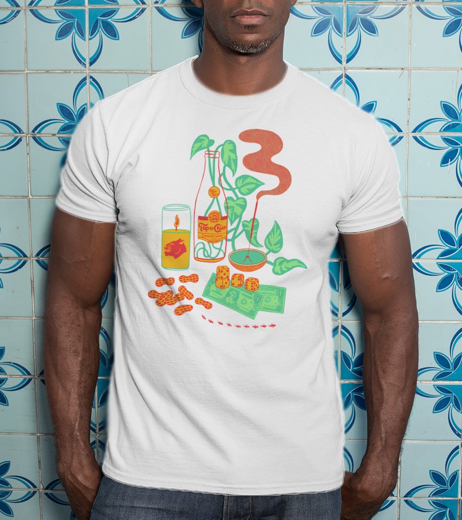 Quarenscene Natural Simone Thornton Topo Chico Peanuts Candle Dice Leaves Money Ants T-Shirt