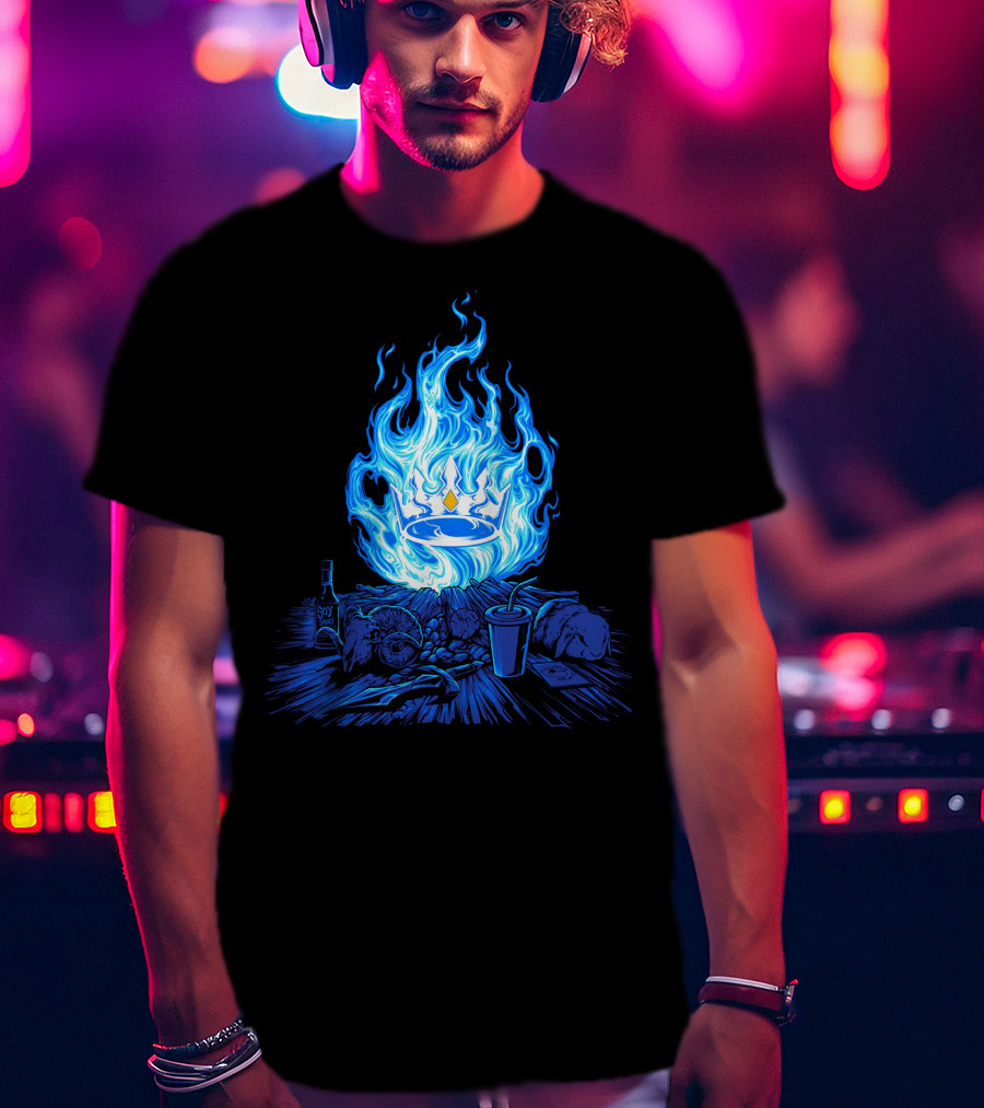 Otk Merch Blue Flame Crown With Tabletop Food And Drinks T-Shirt