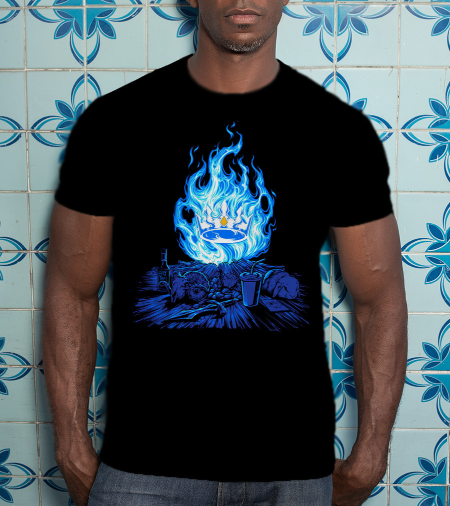 Otk Merch Blue Flame Crown With Tabletop Food And Drinks T-Shirt