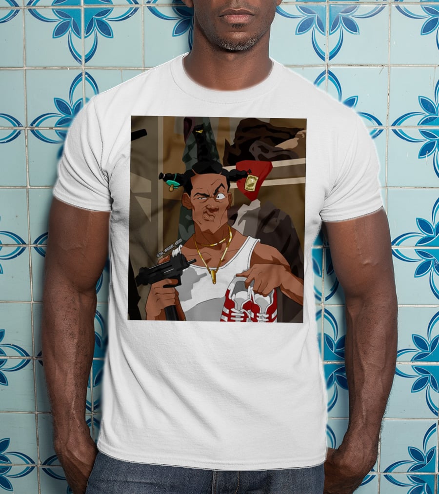 Loc Dog Mens Society Parody Character Holding Sneakers And Gun T-Shirt