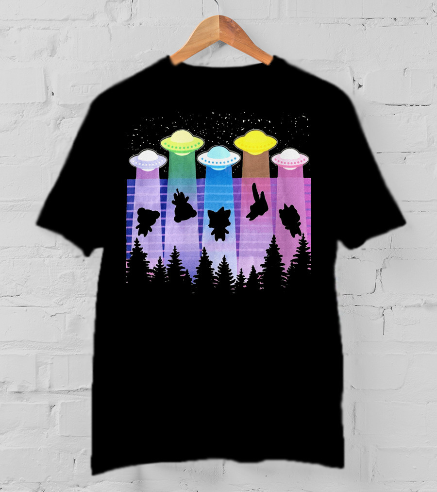 Krewdistrict Flying Saucers Alien Abduction Cartoon Silhouettes Forest Scene T-Shirt