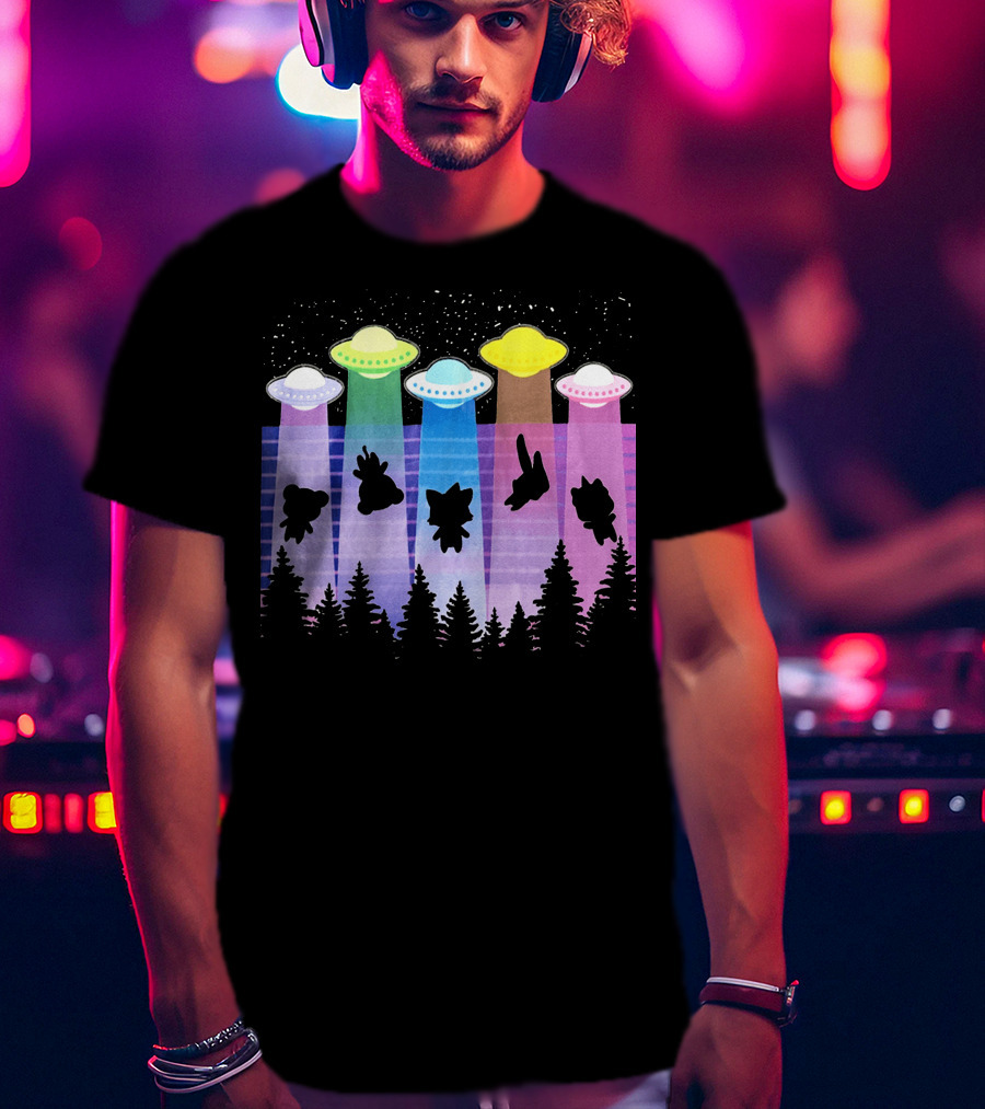 Krewdistrict Flying Saucers Alien Abduction Cartoon Silhouettes Forest Scene T-Shirt