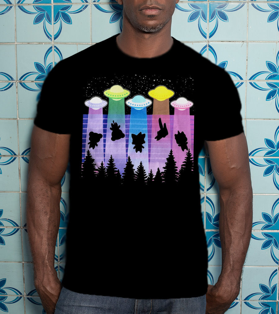 Krewdistrict Flying Saucers Alien Abduction Cartoon Silhouettes Forest Scene T-Shirt