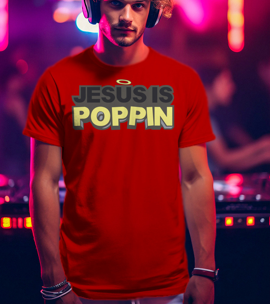 JESUS IS POPPIN Angel Halo Icon On Red T-Shirt