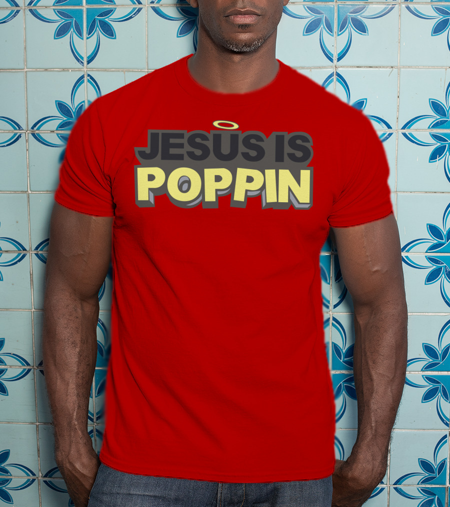 JESUS IS POPPIN Angel Halo Icon On Red T-Shirt
