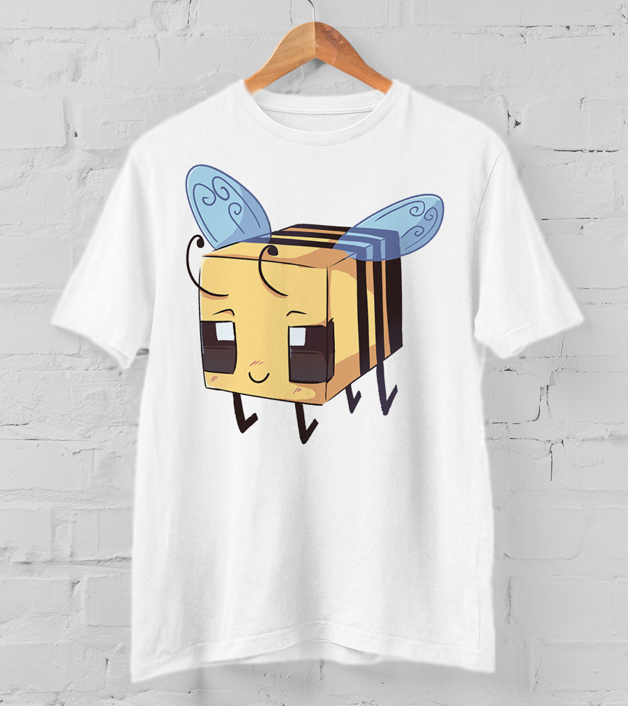 Punz Merch Cute Blocky Bee Character With Whimsical Blue Wings T-Shirt