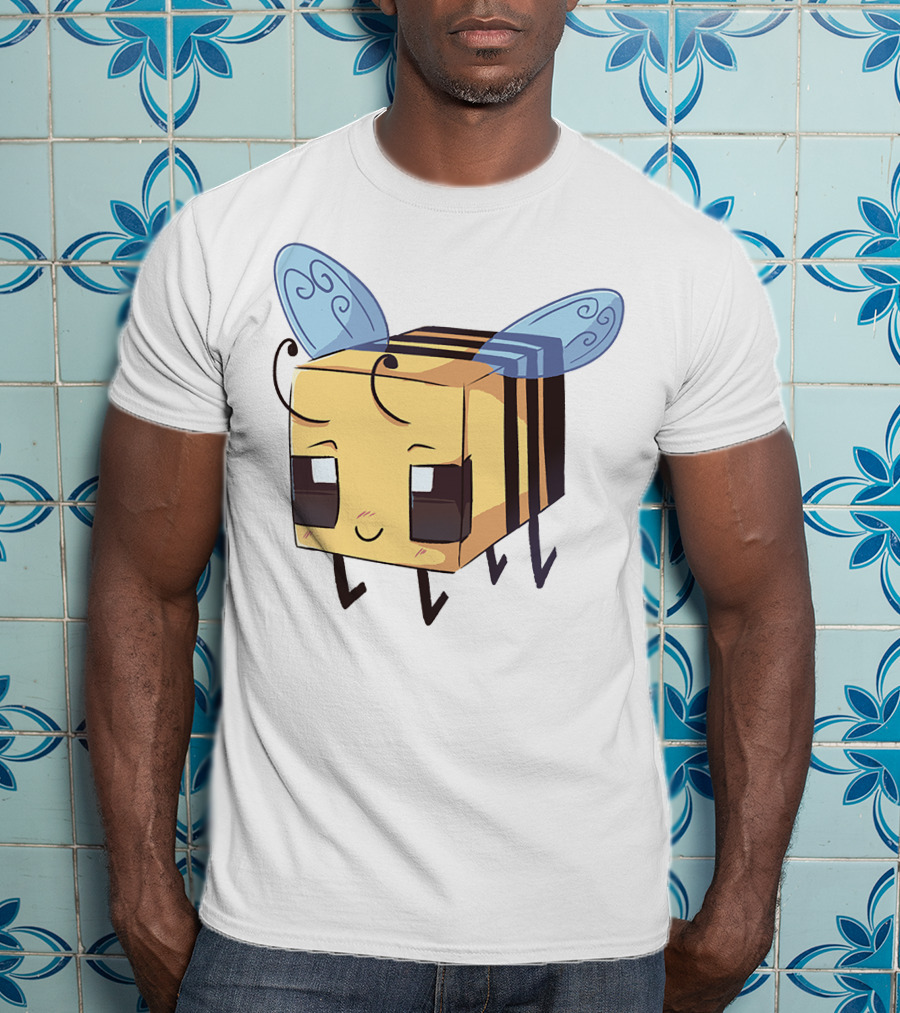 Punz Merch Cute Blocky Bee Character With Whimsical Blue Wings T-Shirt