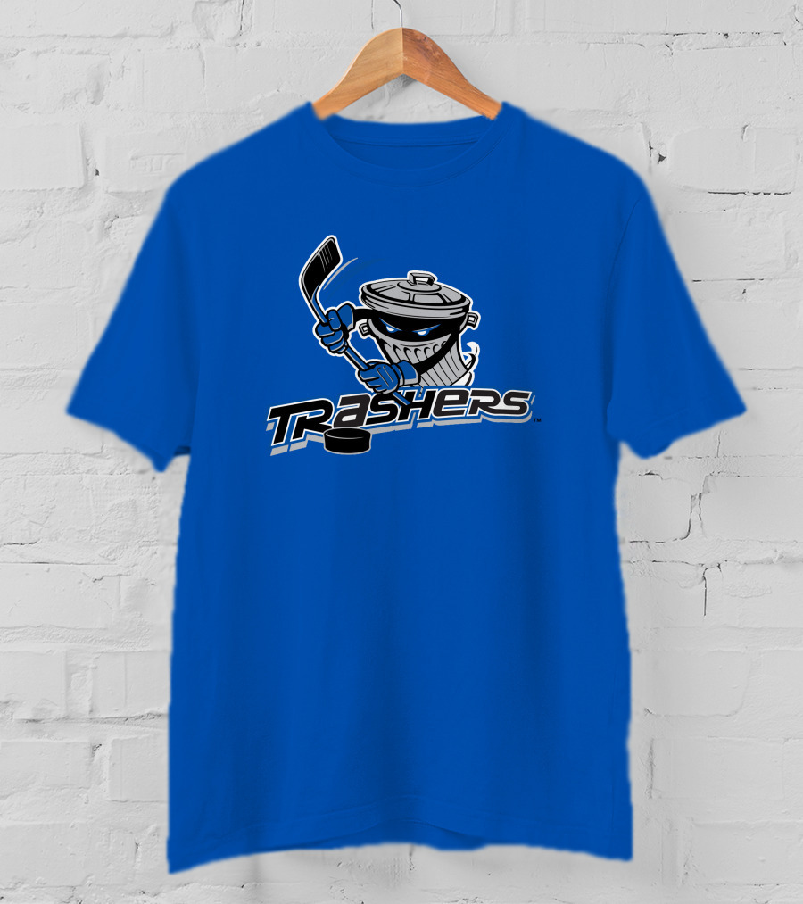 Danbury Trashers Blue Logo Hockey Trash Can Mascot T-Shirt