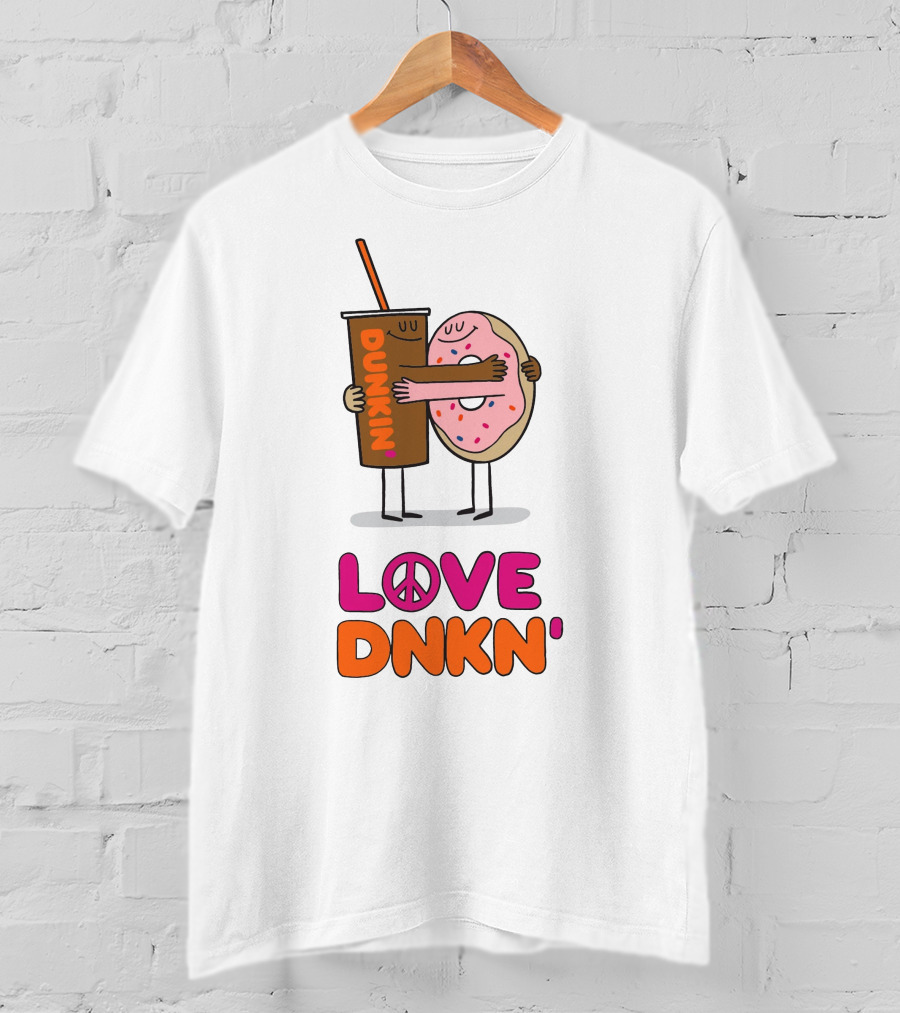 Love Peace Dunkin' Hugging Cartoon Donut And Coffee T-Shirt