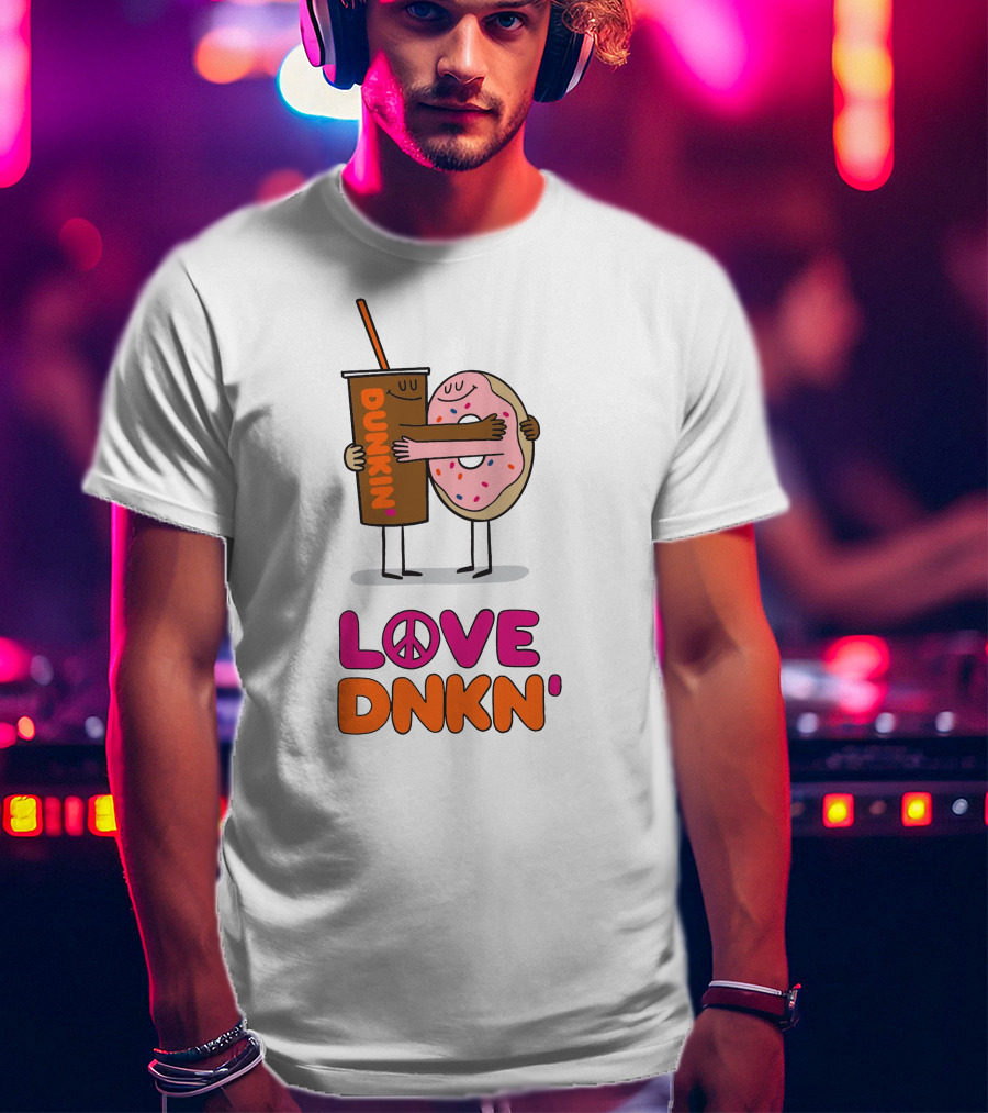 Love Peace Dunkin' Hugging Cartoon Donut And Coffee T-Shirt