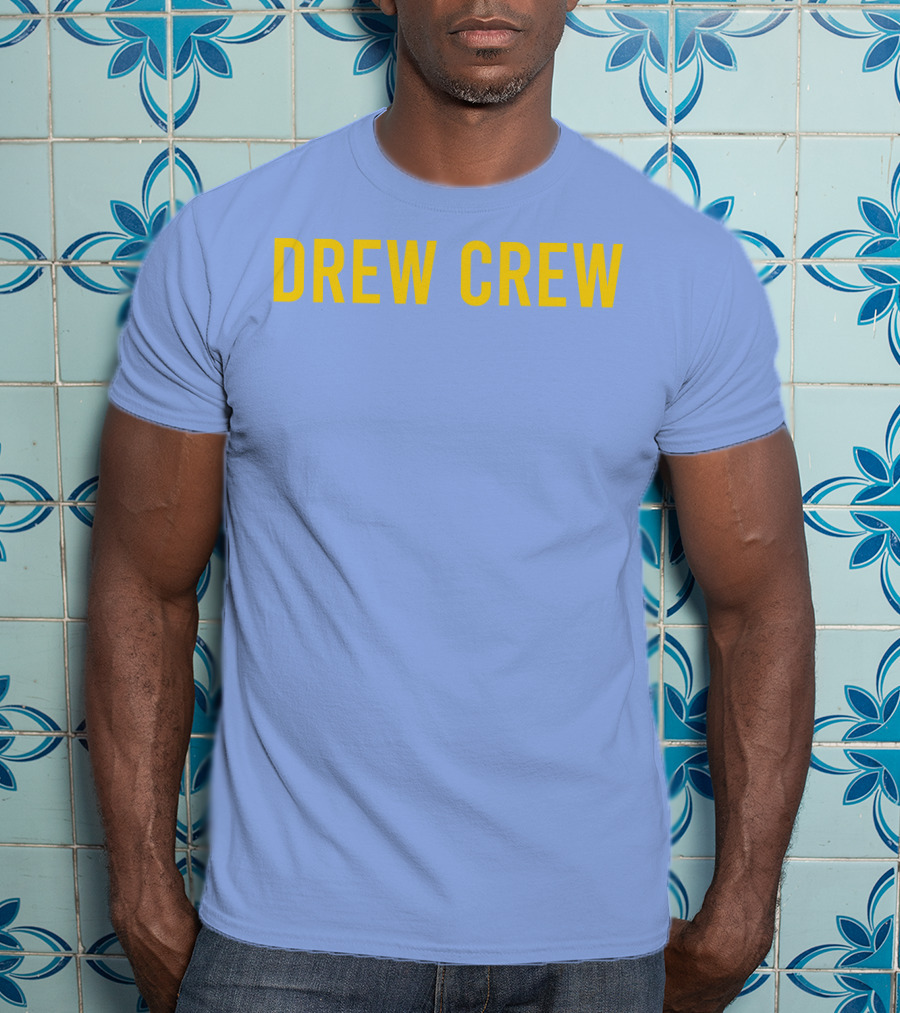 Drew Crew Merch Yellow Text Blue Background T-Shirt