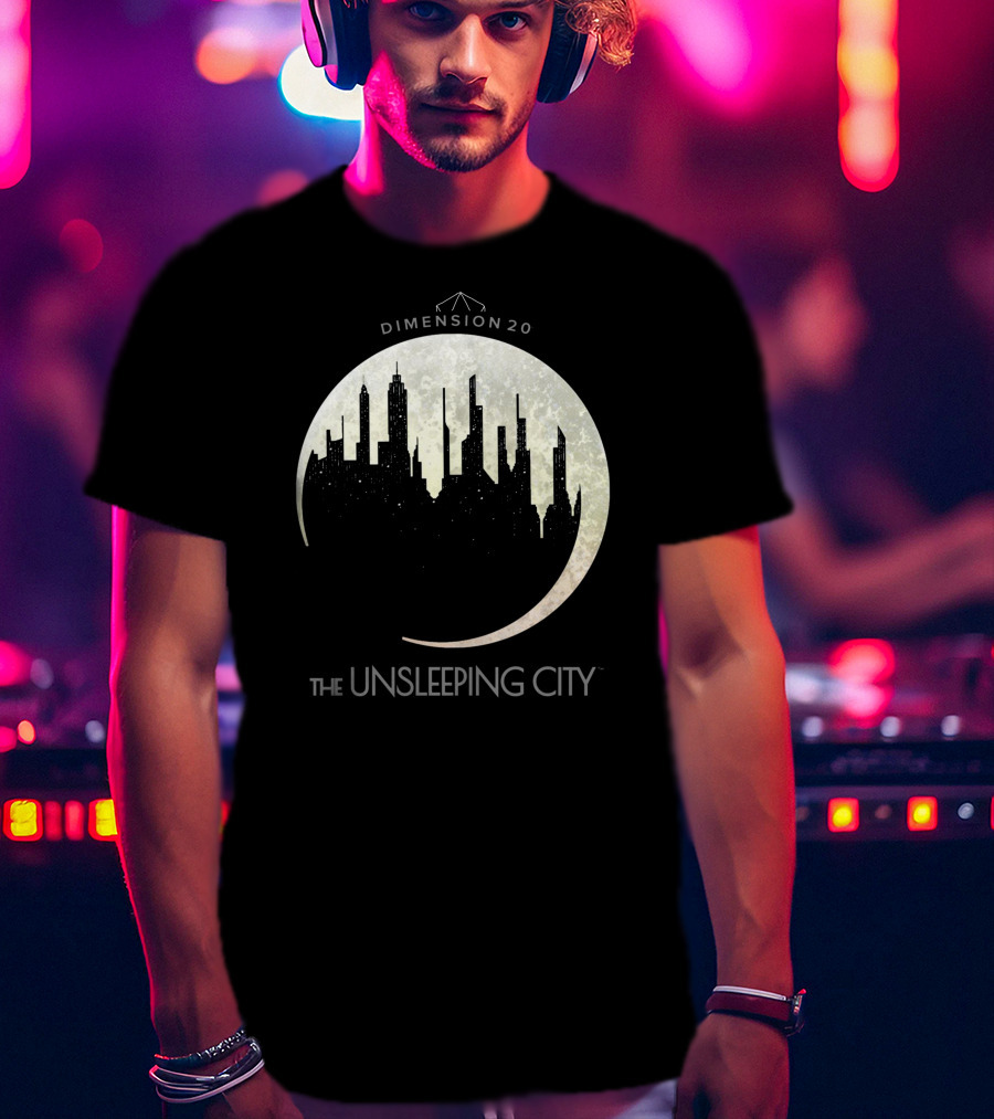 Dimension 20 The Unsleeping City Moon Skyline T-Shirt