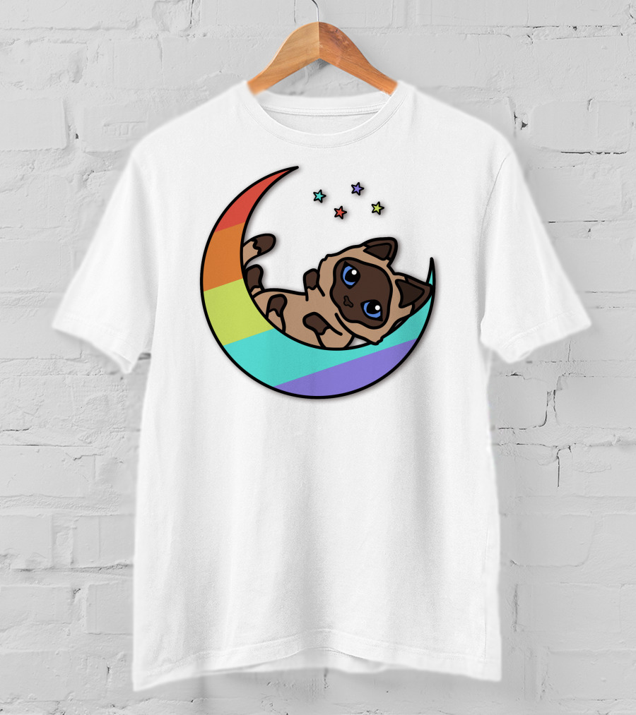 Antfrost Cat On Rainbow Crescent With Stars T-Shirt