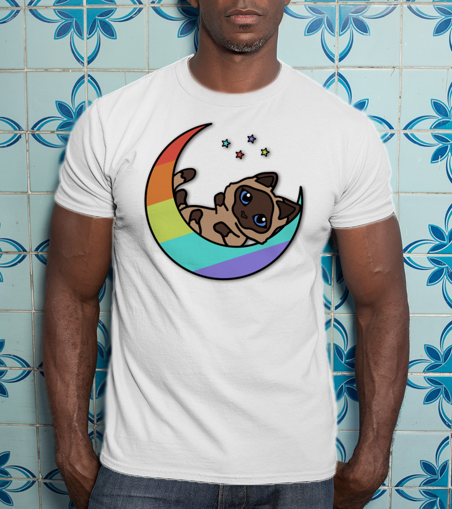 Antfrost Cat On Rainbow Crescent With Stars T-Shirt