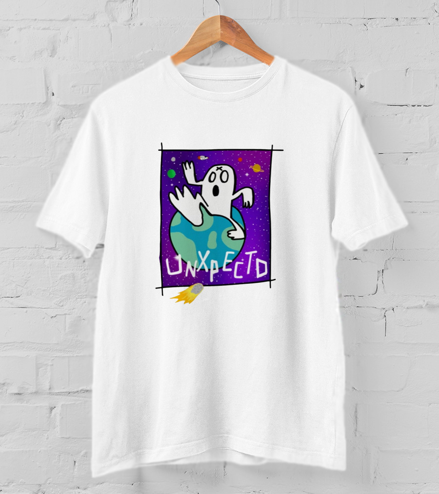 Unxpectd Ghost Mascot Floating In Outer Space With Planets And Asteroids T-Shirt