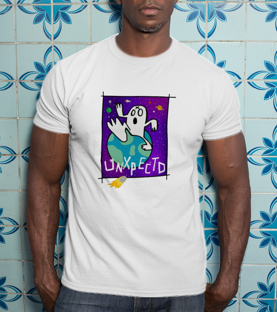 Unxpectd Ghost Mascot Floating In Outer Space With Planets And Asteroids T-Shirt