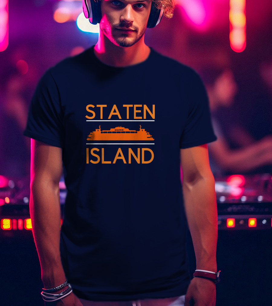 Staten Island Ferry Orange Silhouette Navy Background T-Shirt