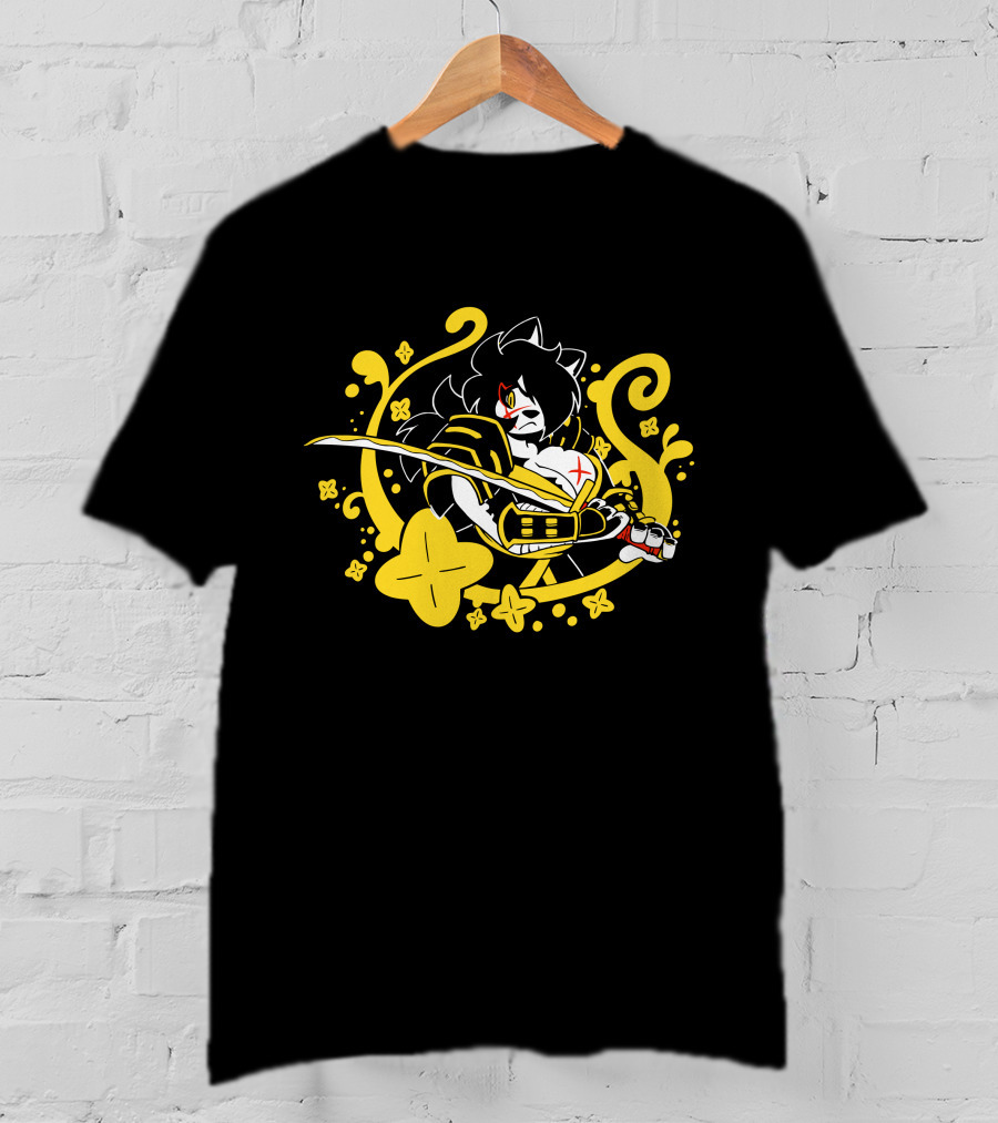 Hachimitsu Samurai Character With Sword And Yellow Floral Motif T-Shirt