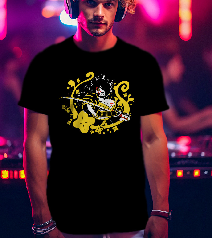 Hachimitsu Samurai Character With Sword And Yellow Floral Motif T-Shirt