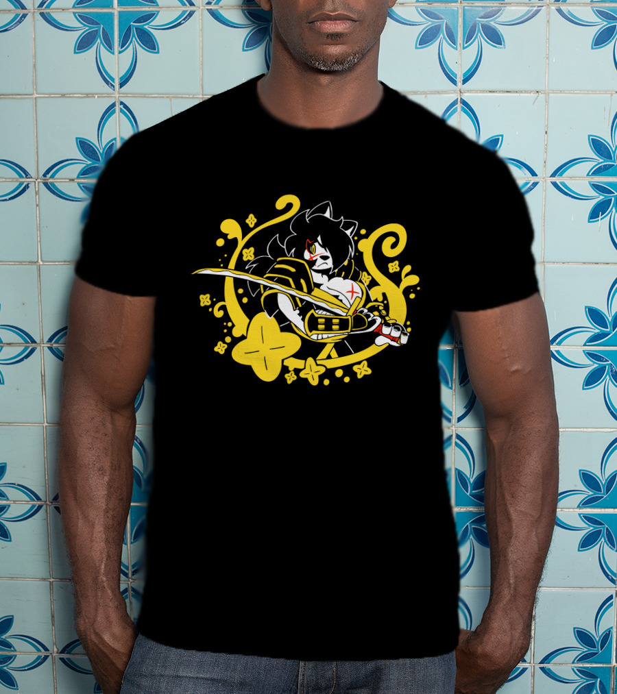 Hachimitsu Samurai Character With Sword And Yellow Floral Motif T-Shirt