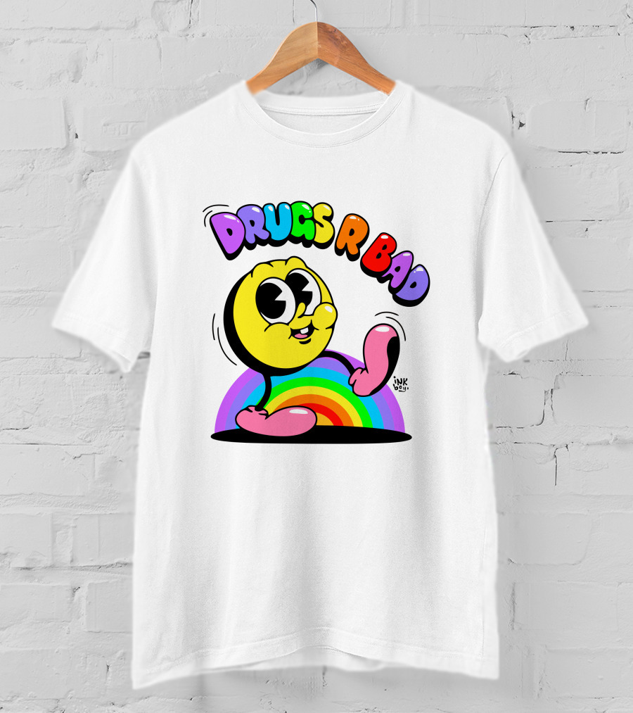 DRUGS R BAD Retro Rainbow Cartoon Smiley T-Shirt