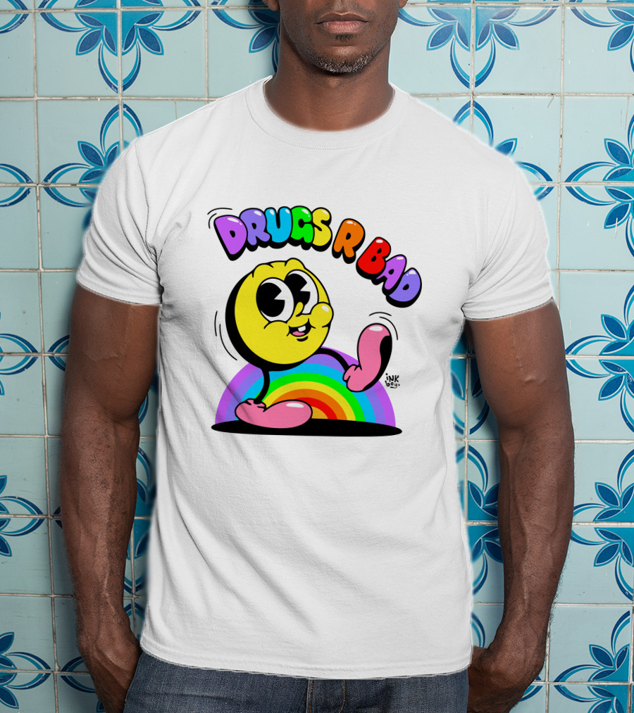 DRUGS R BAD Retro Rainbow Cartoon Smiley T-Shirt