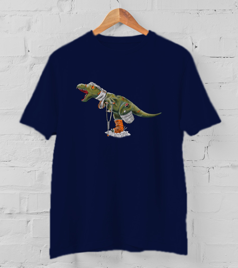 Rexy Injured Hero Dinosaur With Bandages And Crutches T-Shirt