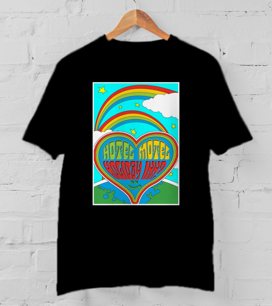 Sarahbaska Hotel Motel Holiday 1973 Rainbow Earth Heart T-Shirt