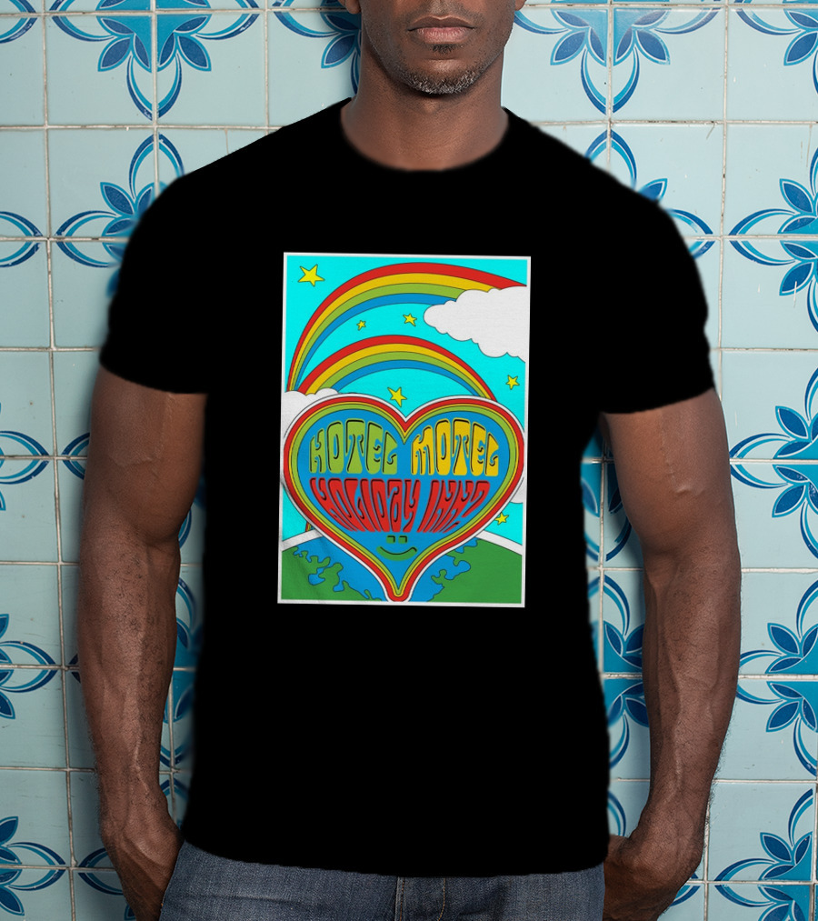 Sarahbaska Hotel Motel Holiday 1973 Rainbow Earth Heart T-Shirt