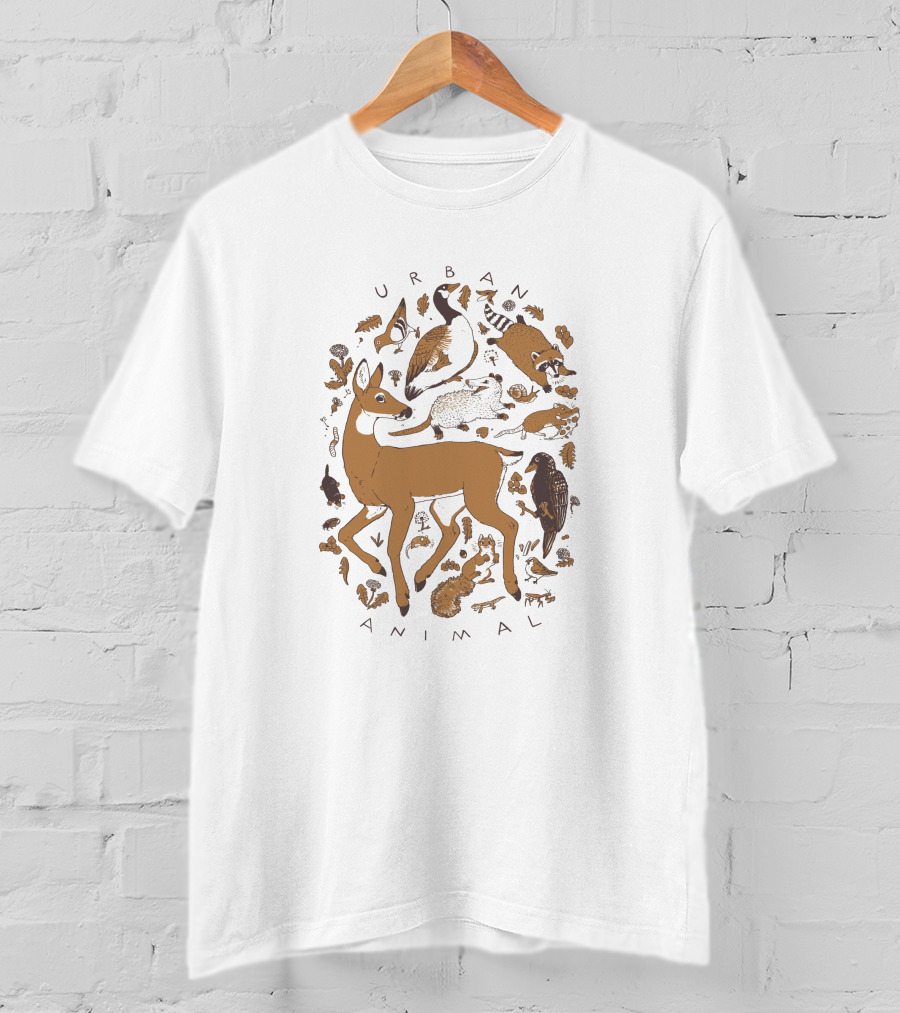 Urban Animal Wildlife Illustration Deer Goose Racoon Rabbit Fox Bird T-Shirt
