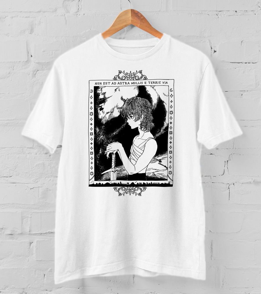 Non Est Ad Astra Mollis E Terris Via Sword-Wielding Figure In Classical Frame T-Shirt