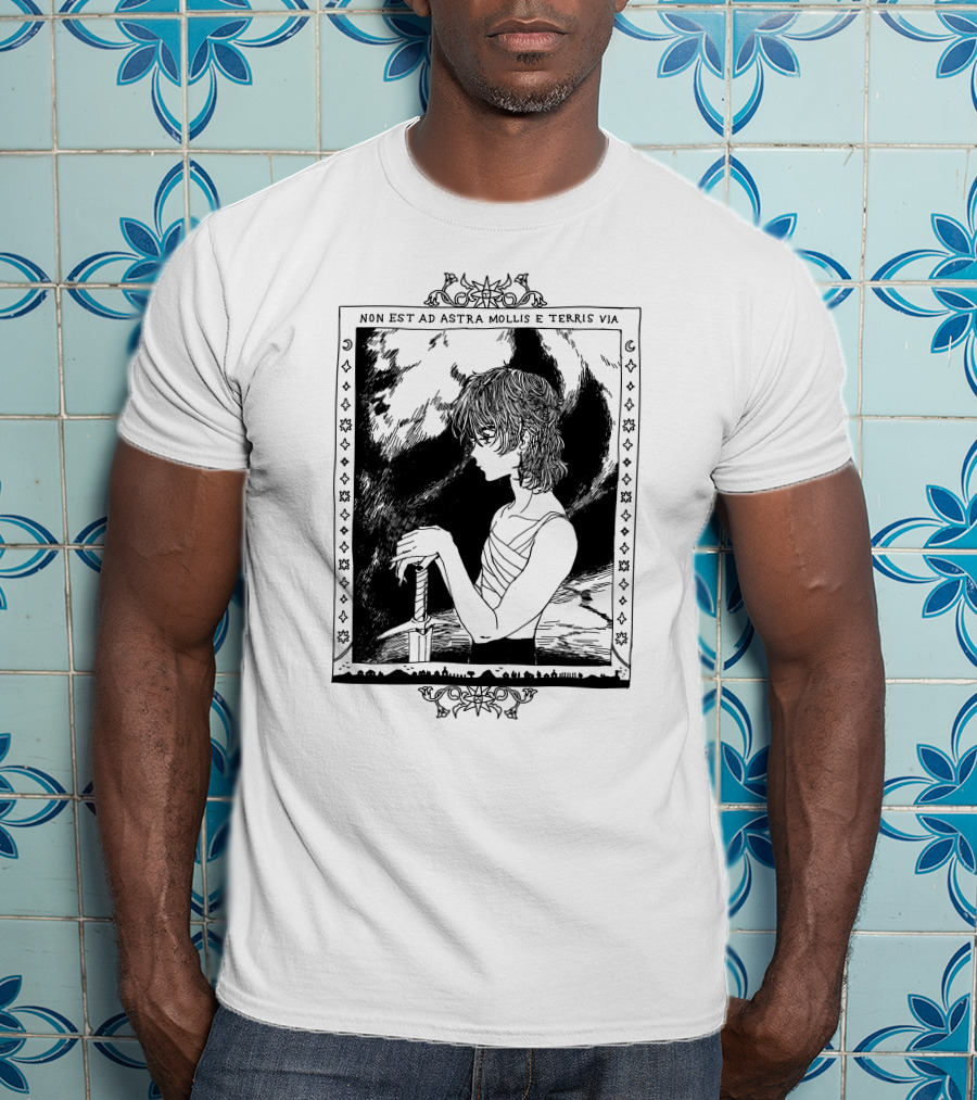 Non Est Ad Astra Mollis E Terris Via Sword-Wielding Figure In Classical Frame T-Shirt