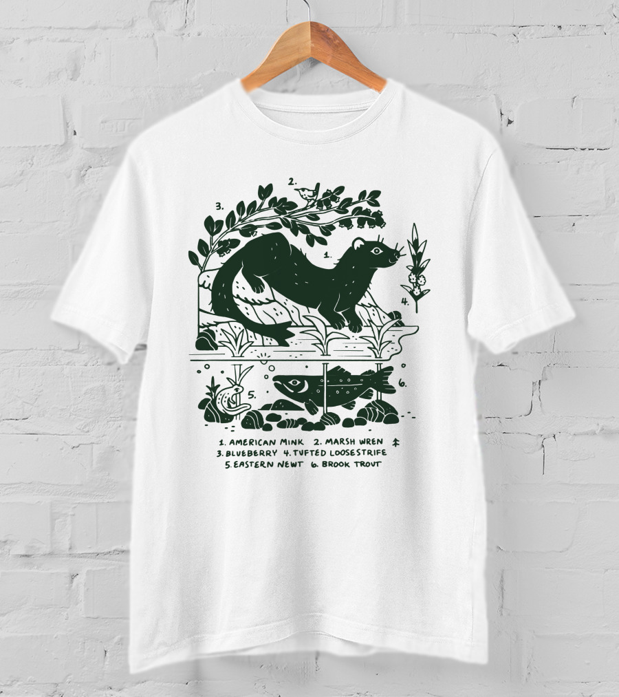 Camp Mustelid Merch Taxonomy American Mink Marsh Wren Blueberry Tufted Loosestrife Eastern Newt Brook Trout T-Shirt