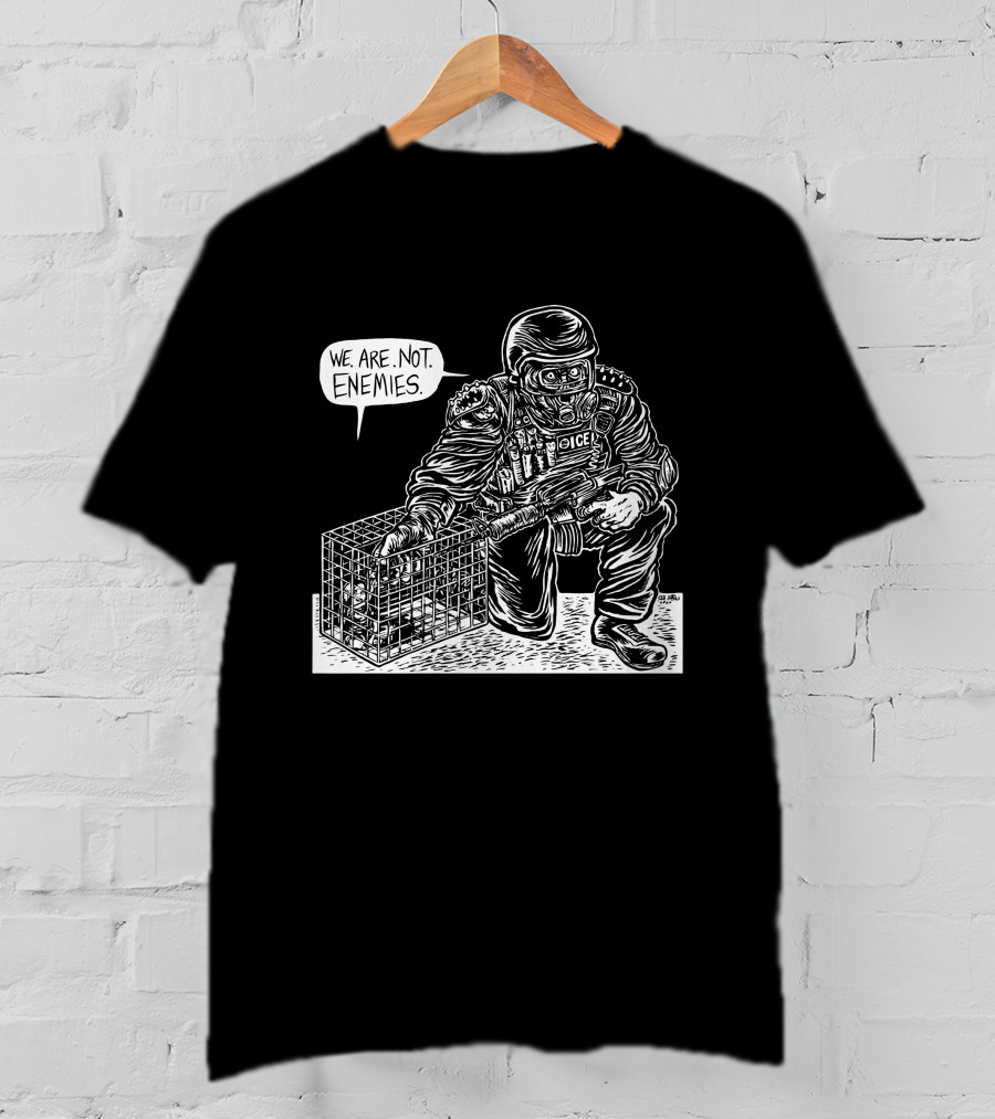 We Are Not Enemies Eli Valley Police Figure Kneeling With Cage T-Shirt