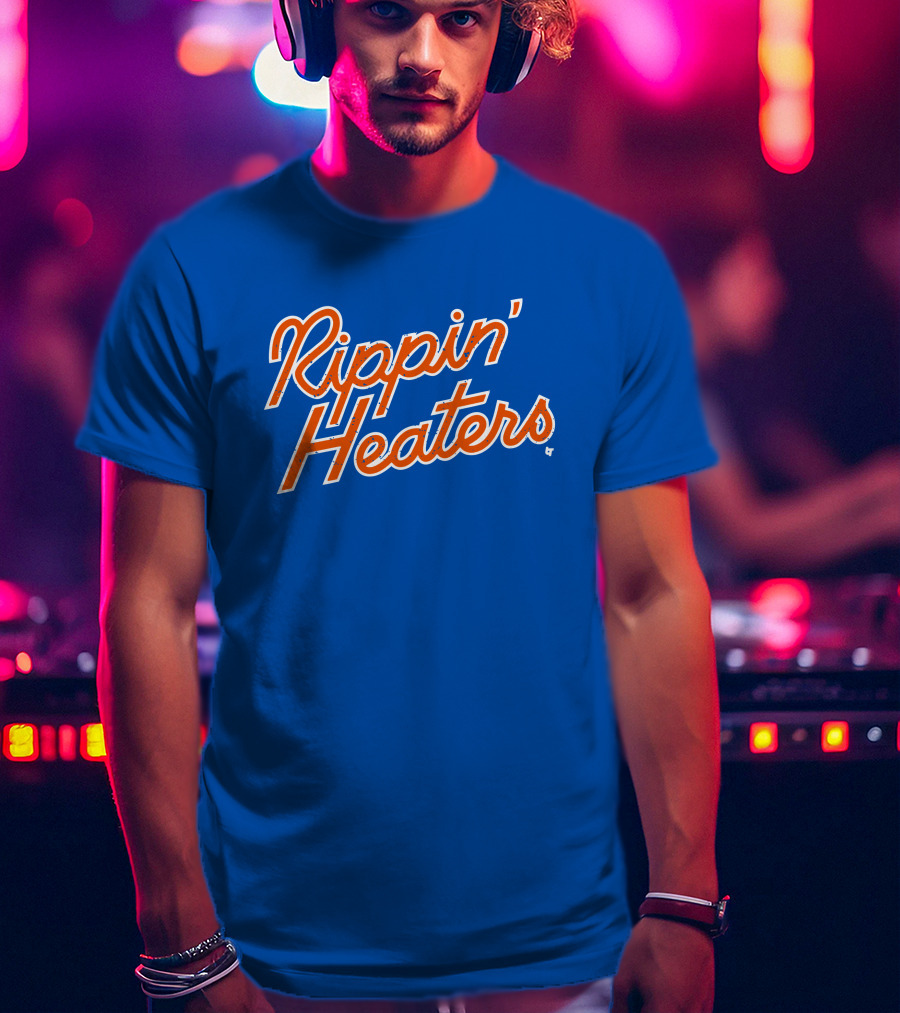 Rippin' Heaters Bold Script White And Orange Retro Style On Blue T-Shirt