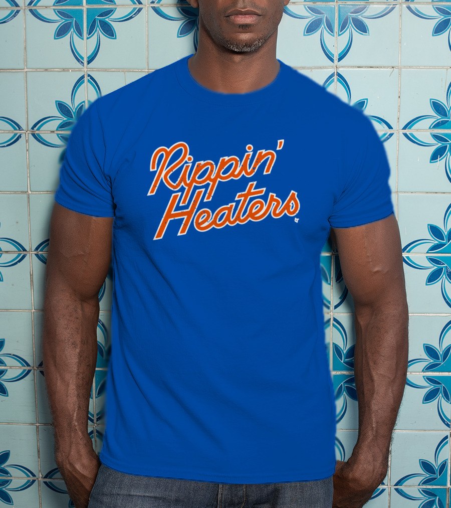 Rippin' Heaters Bold Script White And Orange Retro Style On Blue T-Shirt