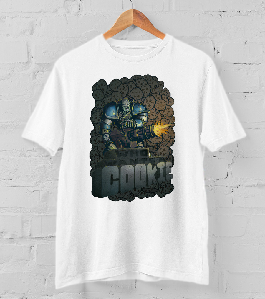 Oxhorn Who Wants A Cookie With Armored Figure And Gun Surrounded By Cookies T-Shirt