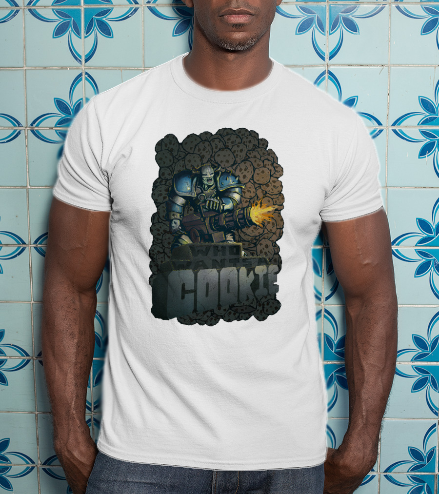 Oxhorn Who Wants A Cookie With Armored Figure And Gun Surrounded By Cookies T-Shirt