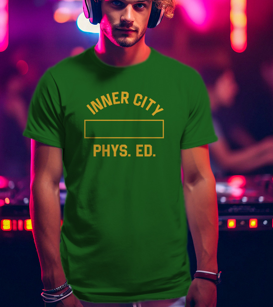 Inner City Phys Ed Green Yellow Block Letters T-Shirt