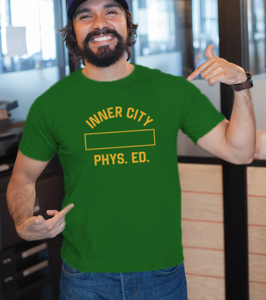 Inner City Phys Ed Green Yellow Block Letters T-Shirt