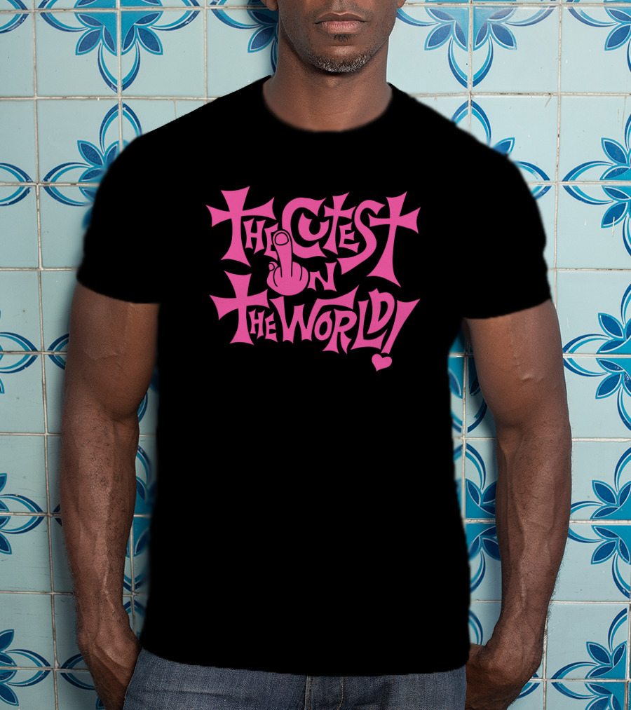 The Cutest In The World Pink Lettering With Heart And Finger T-Shirt