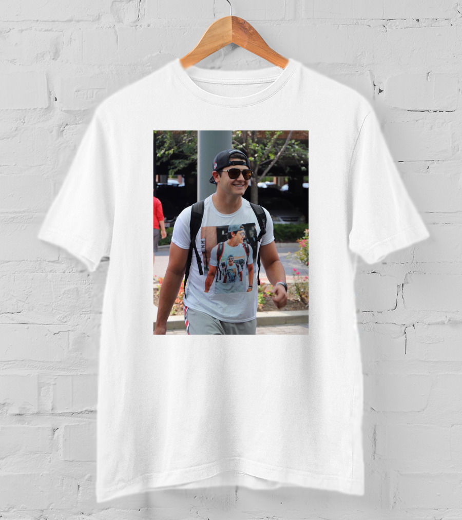 Liam Mccullough Arrives At Ohio State Camp Wearing Photo Print Shirt With Repeating Image T-Shirt