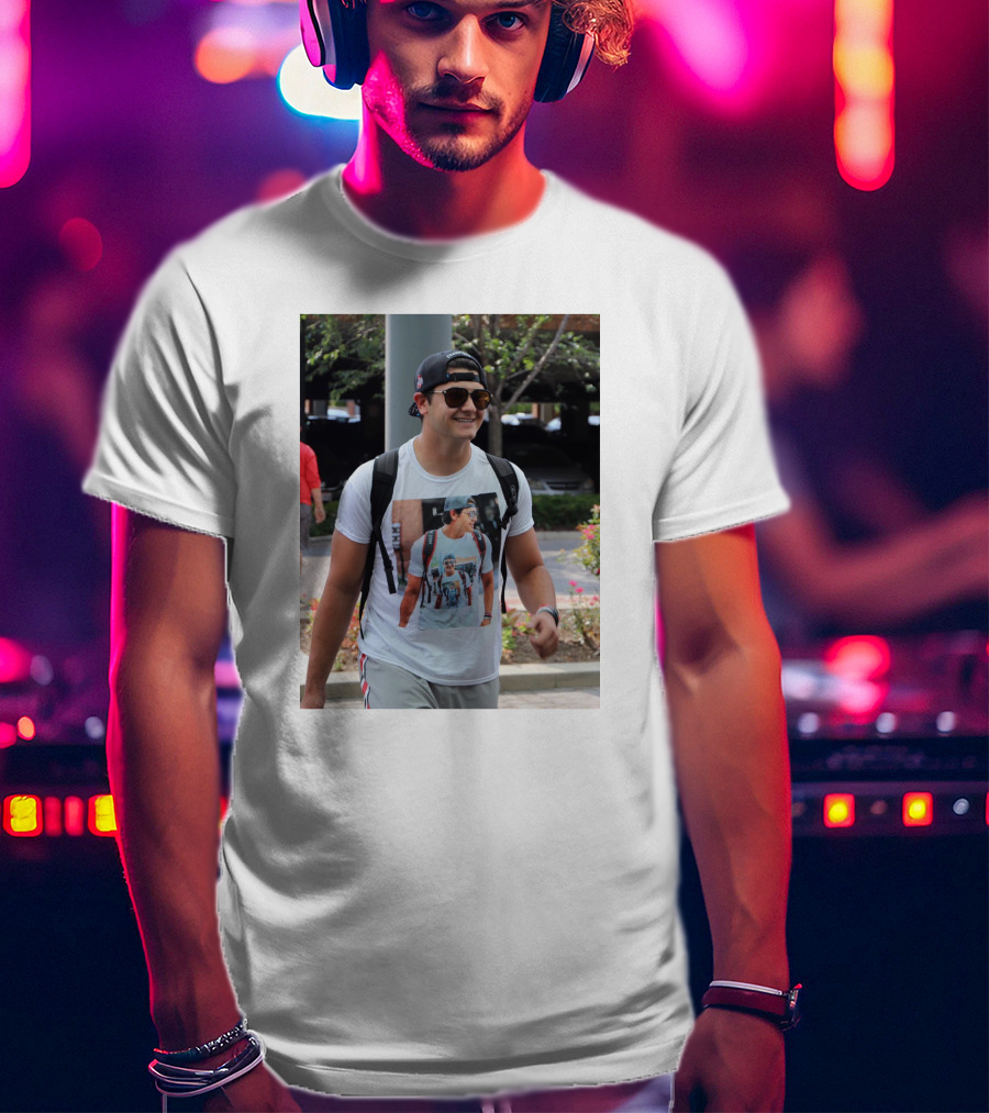 Liam Mccullough Arrives At Ohio State Camp Wearing Photo Print Shirt With Repeating Image T-Shirt
