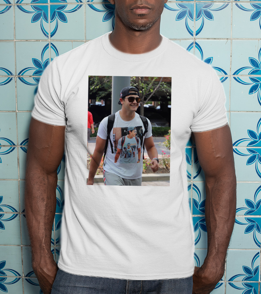 Liam Mccullough Arrives At Ohio State Camp Wearing Photo Print Shirt With Repeating Image T-Shirt