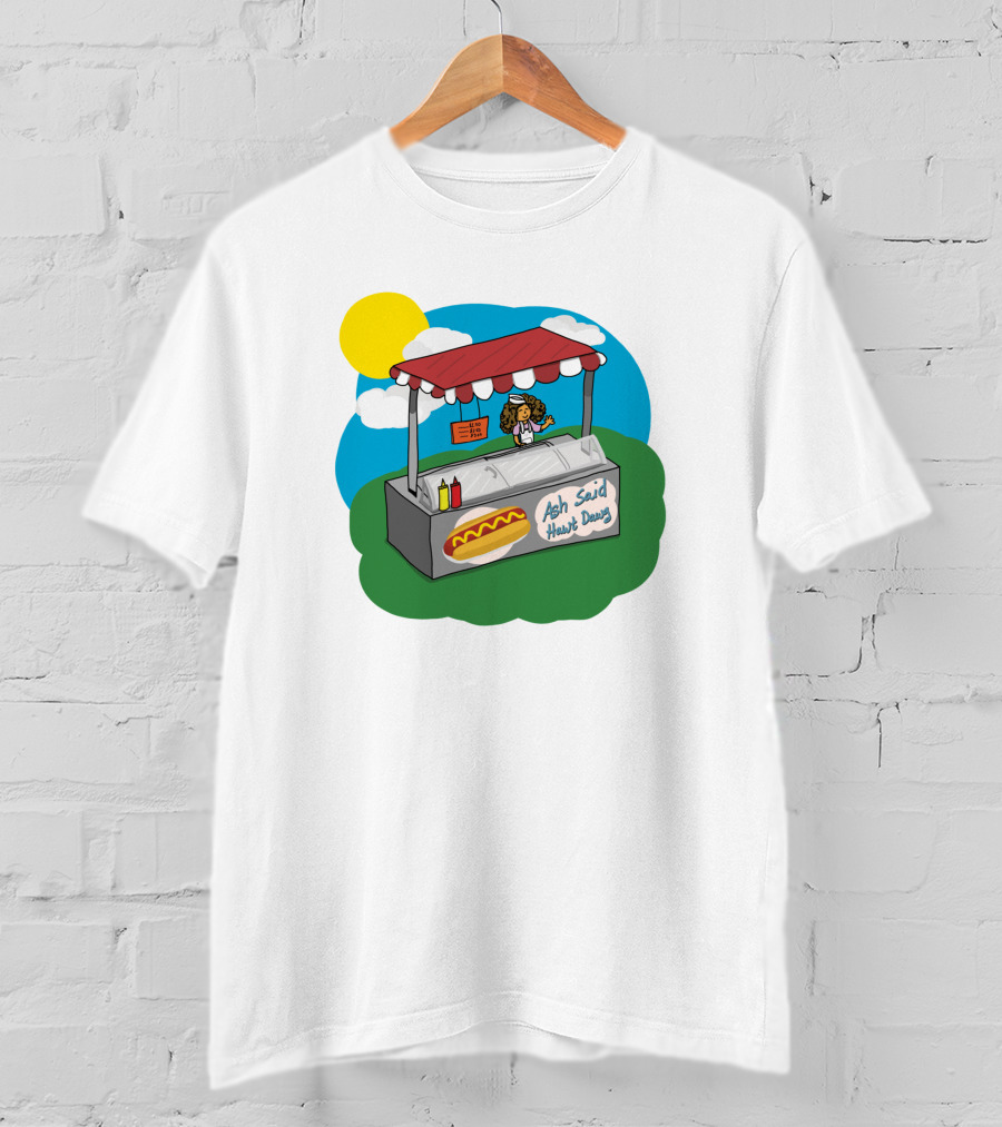 Ash Said Hawt Dawg Stand With Hot Dog And Condiments Under Red Canopy In Cartoon T-Shirt
