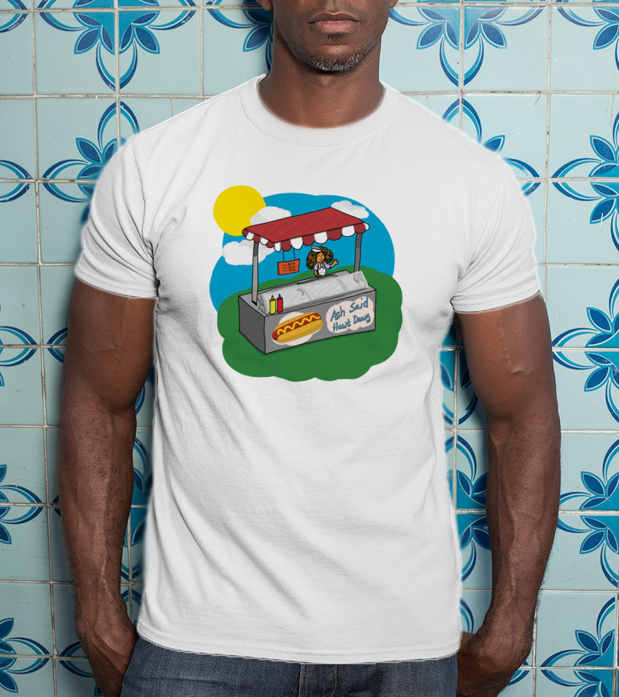 Ash Said Hawt Dawg Stand With Hot Dog And Condiments Under Red Canopy In Cartoon T-Shirt