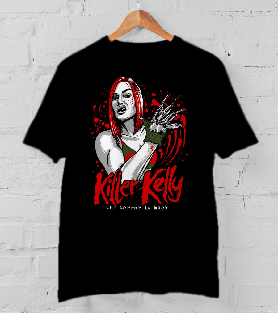 Killer Kelly The Terror Is Back Freddy Krueger Inspired Character Blood Splatter T-Shirt