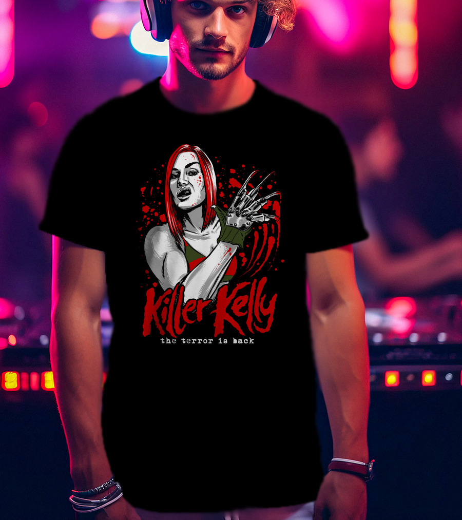 Killer Kelly The Terror Is Back Freddy Krueger Inspired Character Blood Splatter T-Shirt