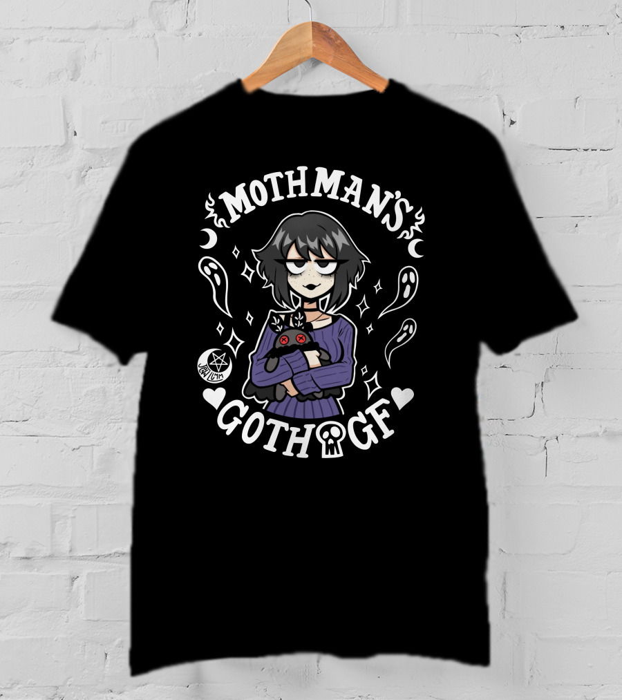 Mothman’s Goth GF Lilith Holding Black Cat Surrounded By Ghosts And Stars T-Shirt